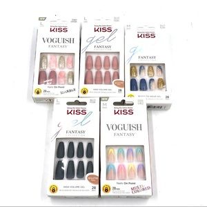 Lot of 5 KISS gel voguish long/medium press on nails pink gold blue glitter